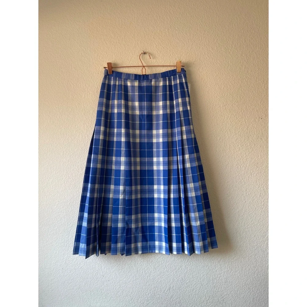 NWT Pendleton Blue White Plaid Pleated Midi Skirt 100% Virgin Wool USA Size 8